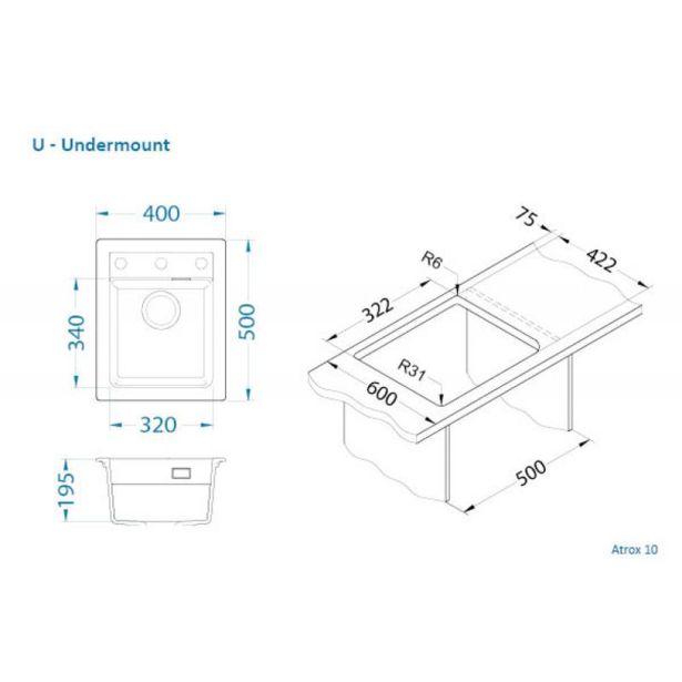 GRANITAL POMIVALNO KORITO ALVEUS ATROX 10, BEIGE-G55 400X500 MM