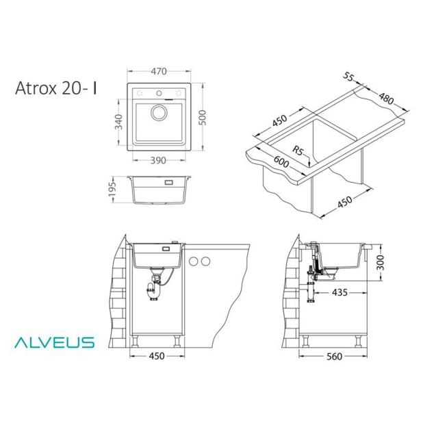 GRANITAL POMIVALNO KORITO ALVEUS ATROX 20, ARCTIC G11 470X500 MM