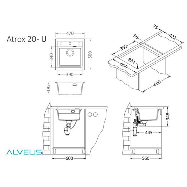 GRANITAL POMIVALNO KORITO ALVEUS ATROX 20, ARCTIC G11 470X500 MM