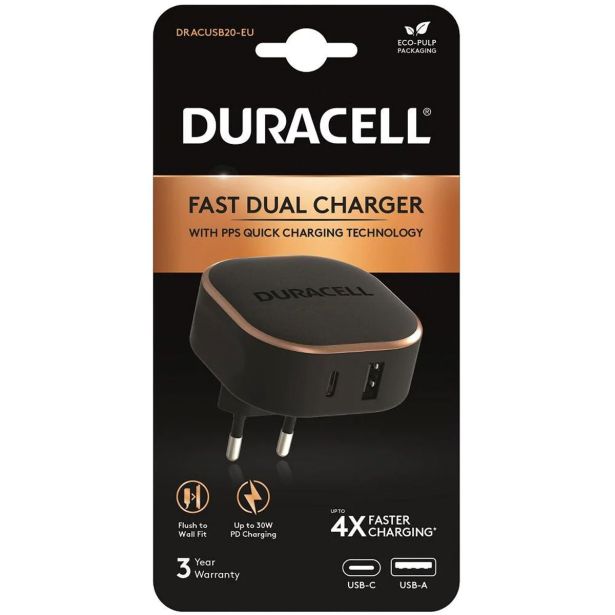 Polnilnik Za Gsm Duracell Pd 30 W Usb-a + Usb-c Pps črn - Merkur.si