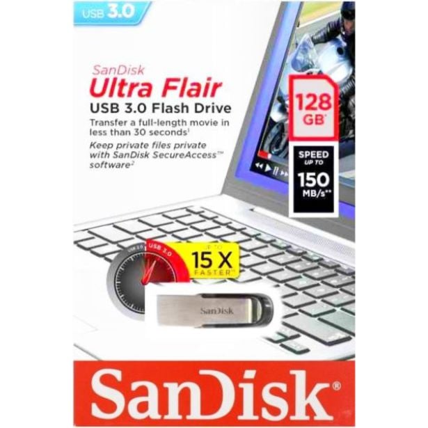 USB KLJUČ SANDISK 128GB ULTRA FLAIR 3.0 SREBRN, KOVINSKI, BREZ